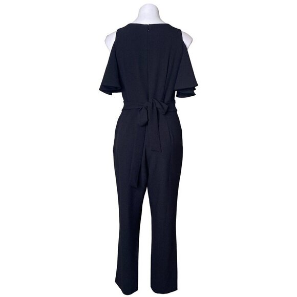 Eliza J Black Cold Shoulder Jumpsuit, Short Flutter Sleeves Women's Size 8 - Picture 5 of 9